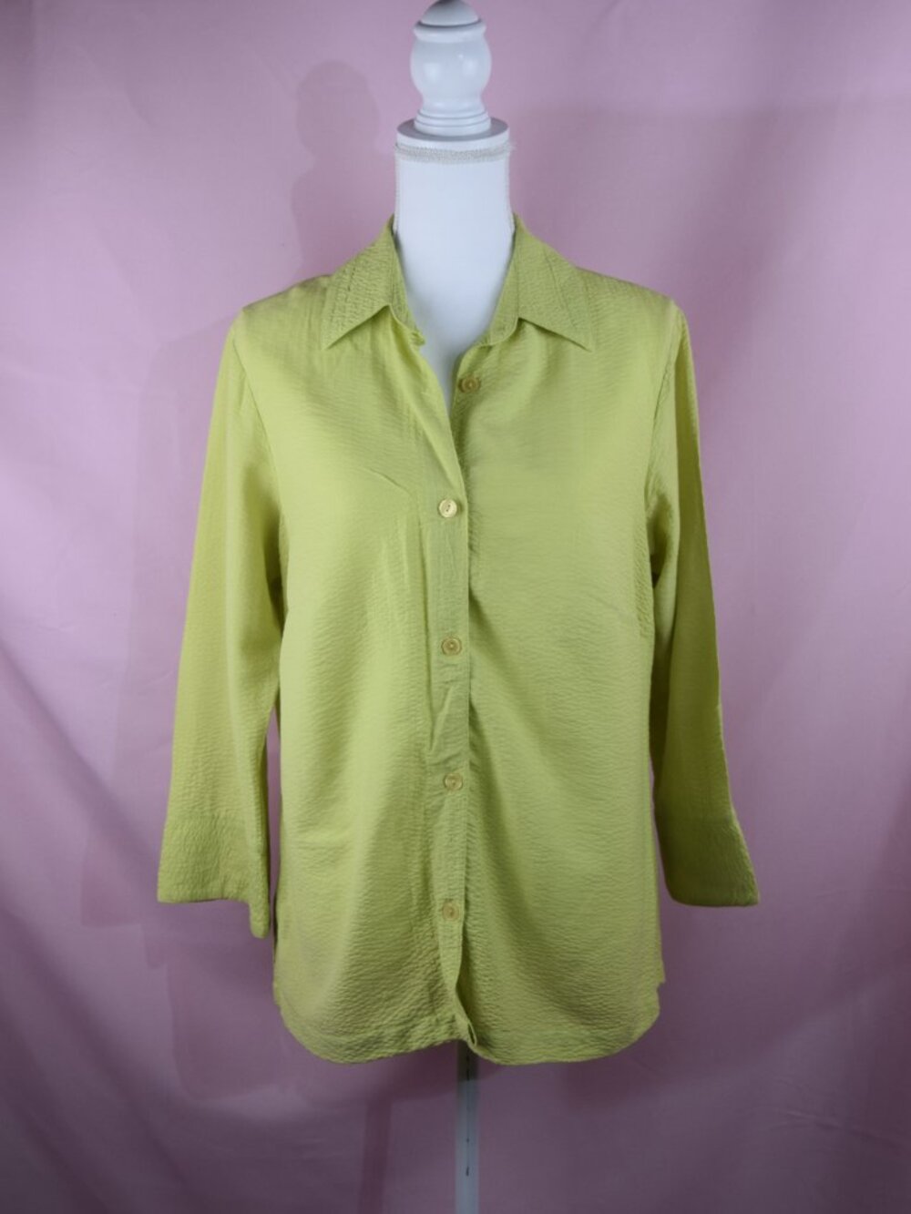 Coldwater Creek Yellow Lime Crinkle Button-Down Blouse | Size S
